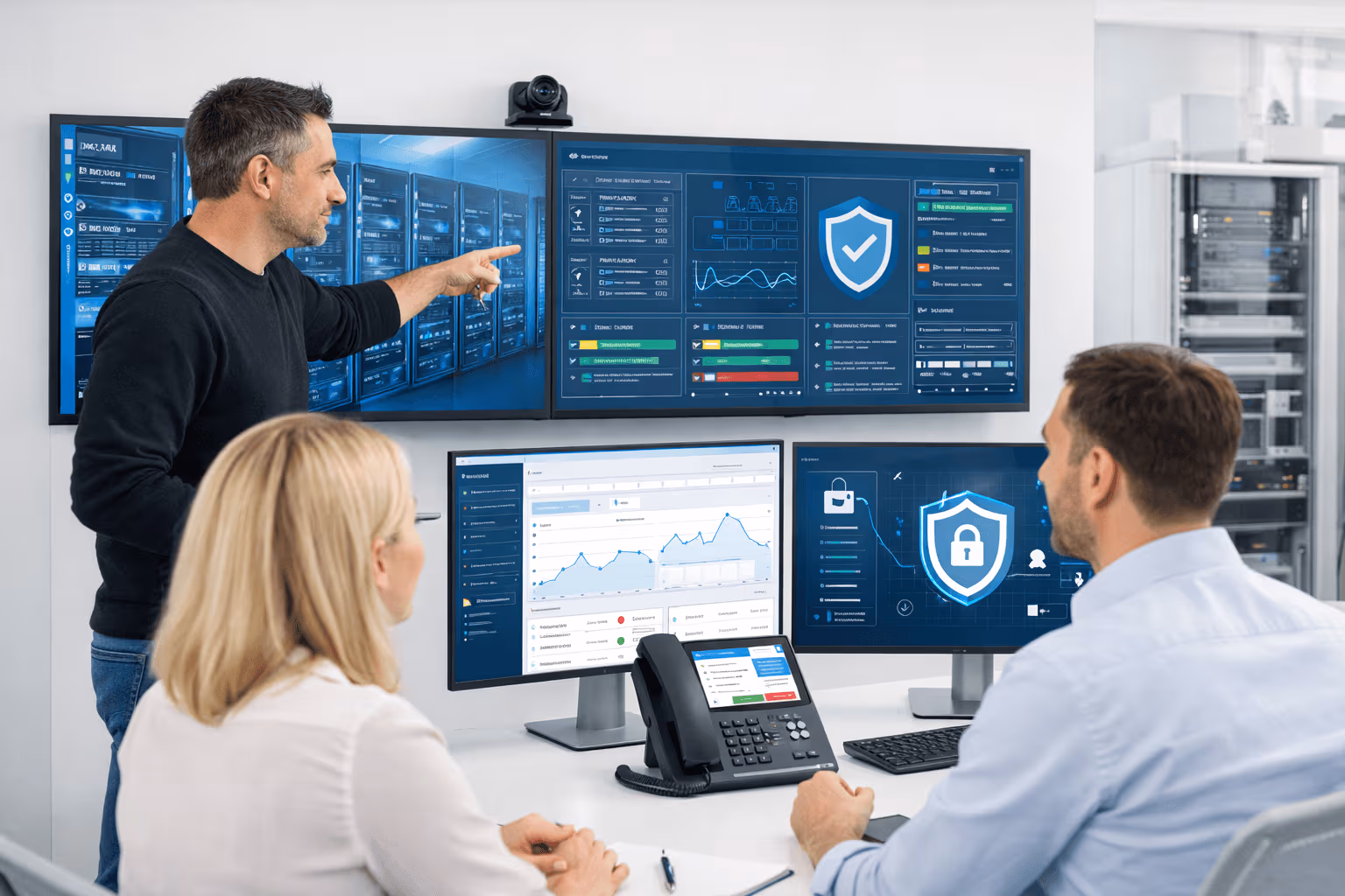 Menschen am Arbeitsplatz schauen auf Monitore und suchen nach einer IT-Lösung