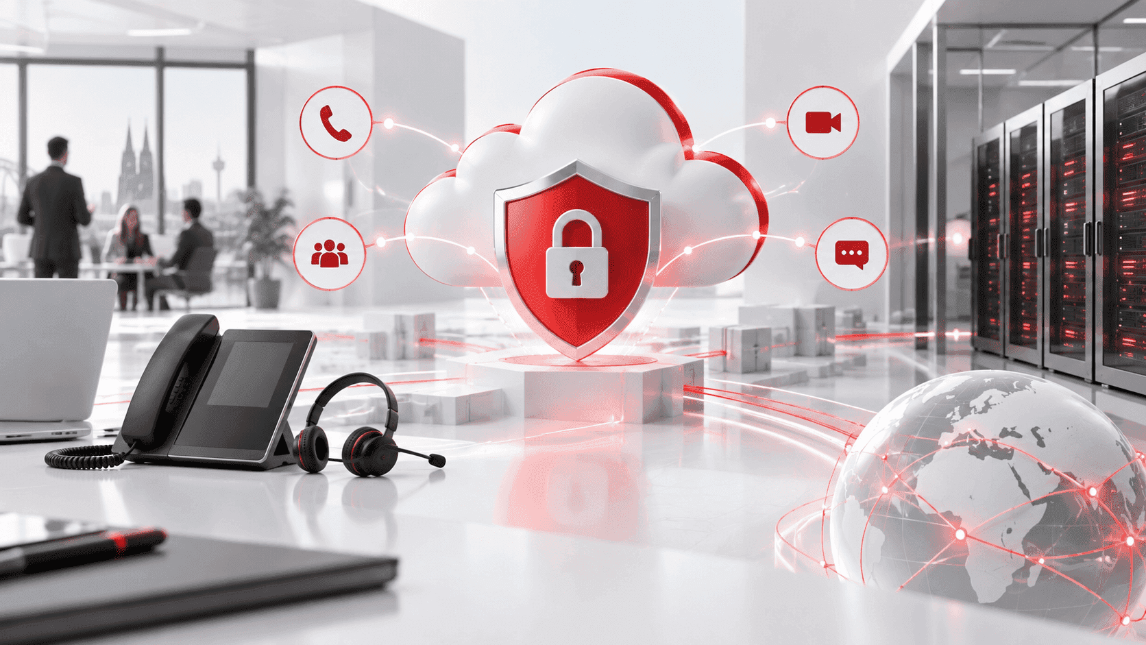 Sichere Swyx Kommunikation mit geschützter Cloud, Telefon, Headset und Serverinfrastruktur.