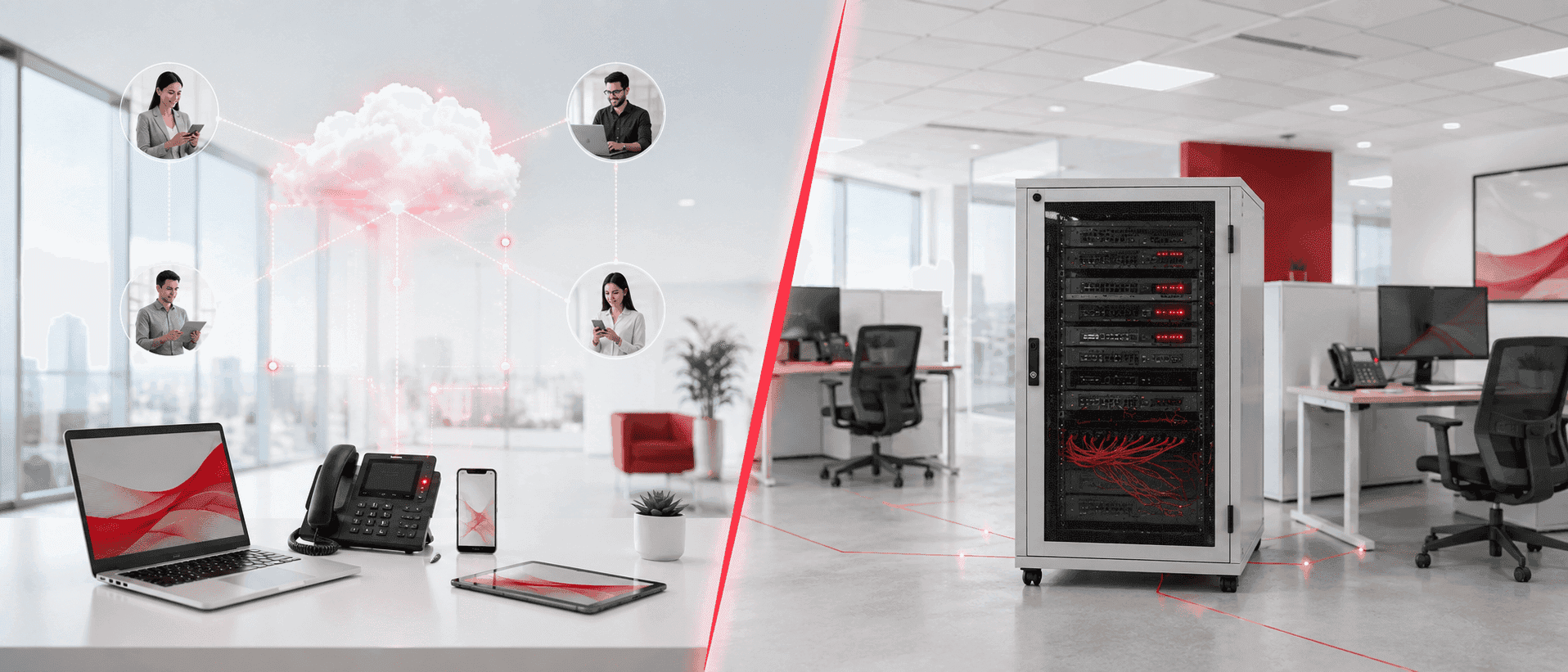 Vergleichsbild rechts, Cloud Lösung mit verschiedenen Endgeräten und links ein eigener Server im Büro