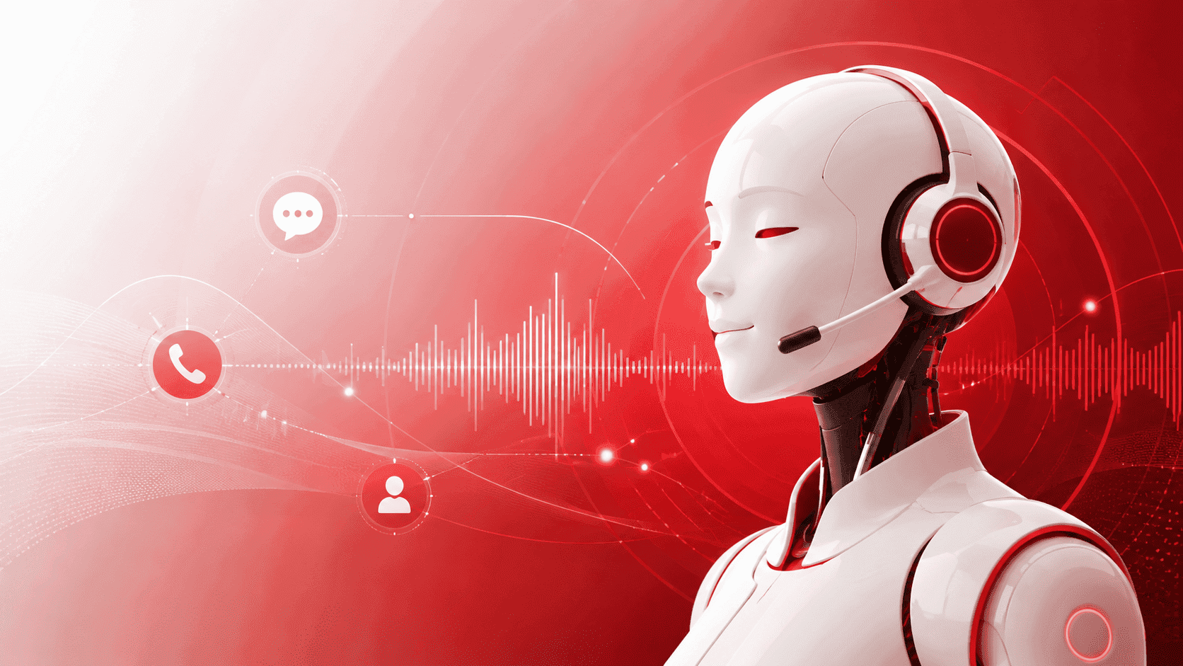 Ein Voicebot mit Headset auf und rotem Hintergrund