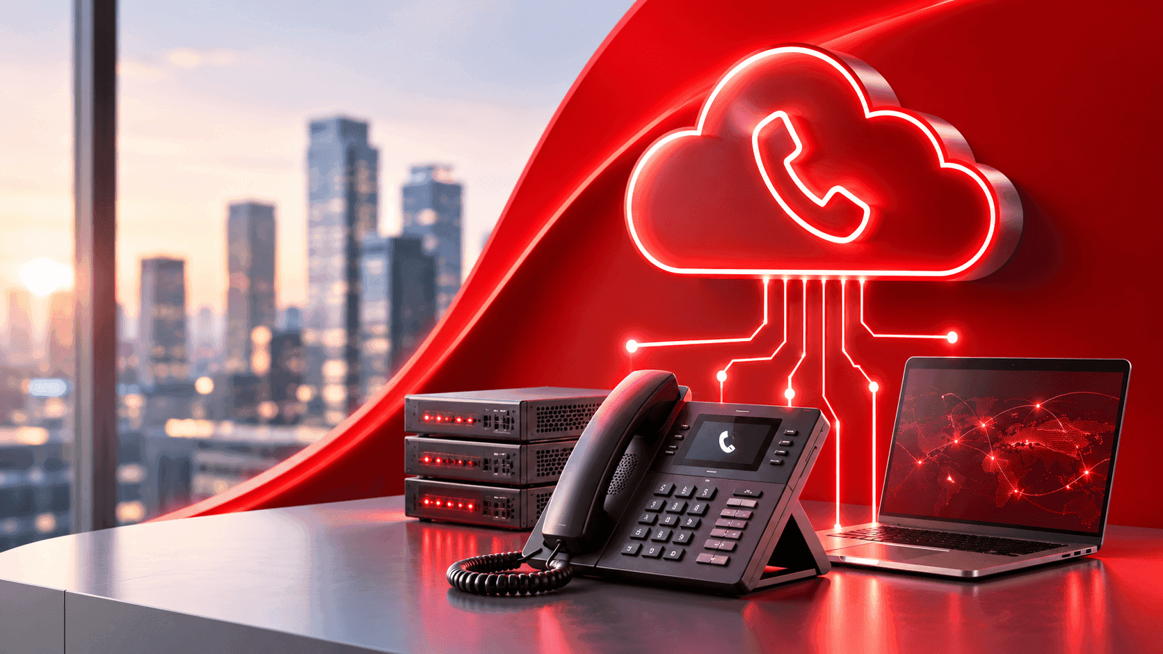 eine SIP Trunk Telefonanlage mit einer Skyline im Hintergrund