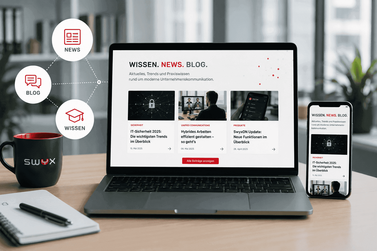 Überblick ein Desktop mit den Begriffen Wissen, News, Blog