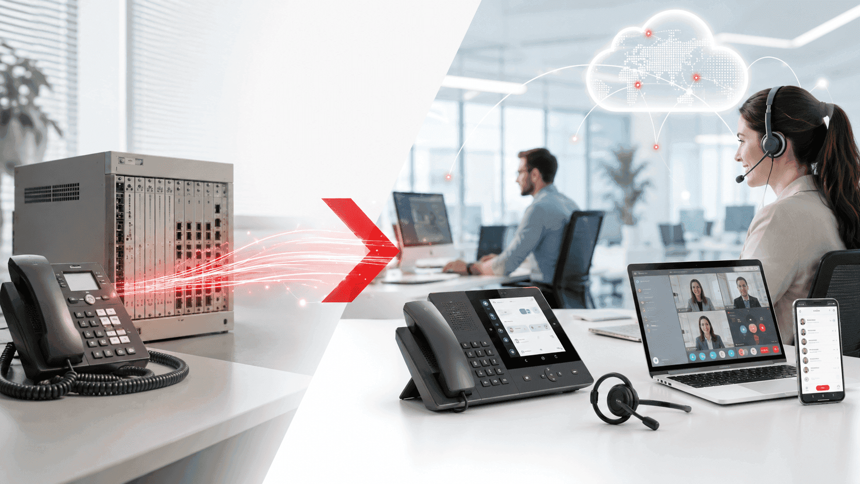Eine alte Telefonanlage steht auf einem Schreibtisch daneben eine neue