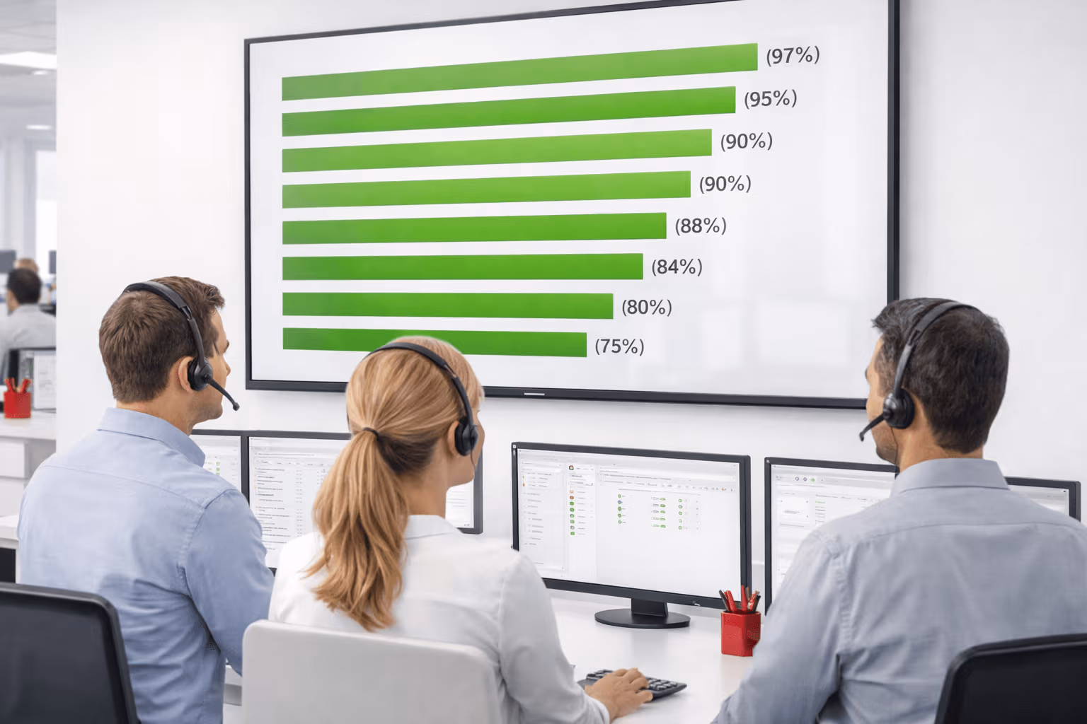 Mitarbeiter schauen auf einen großen Monitor und schauen sich ein Balkendiagramm an