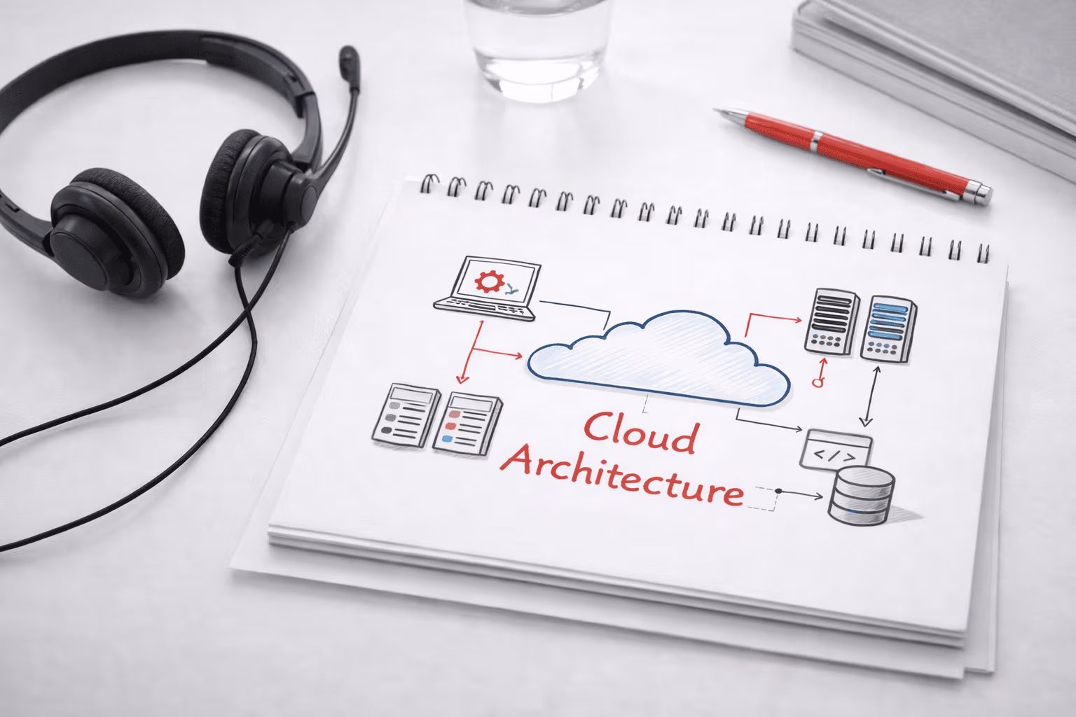 Eine gezeichnete Cloud und ein Headset was auf dem Tisch liegt