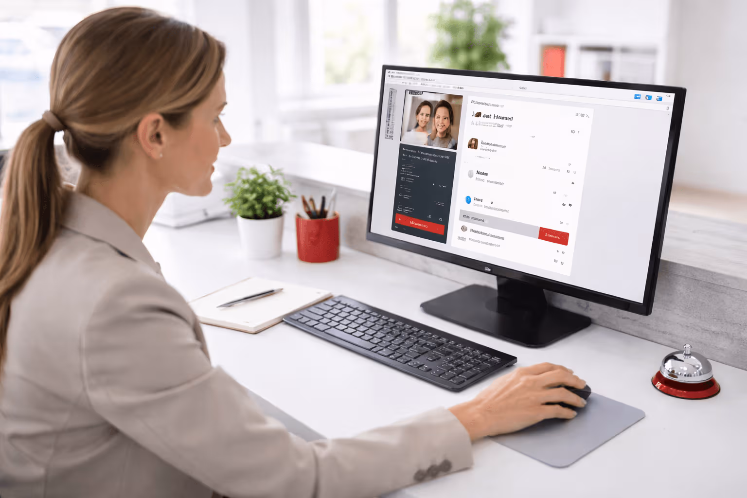 Eine Mitabeiterin führt einen Anruf und erhält die Infos dazu auf dem Monitor