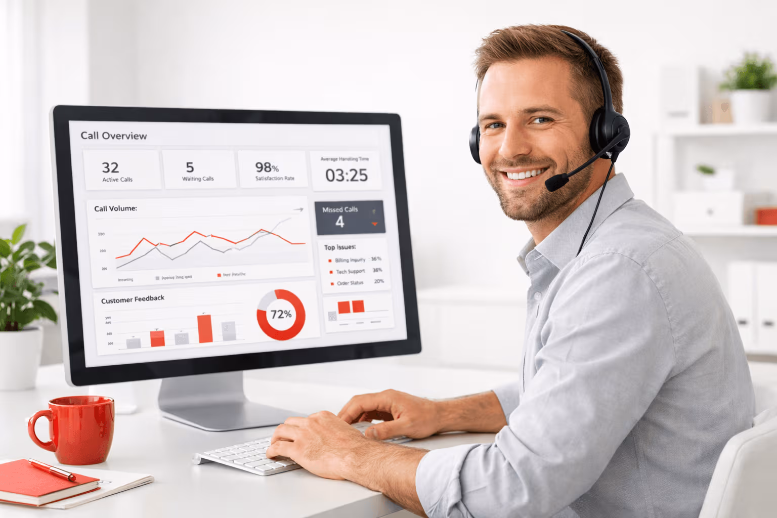 Mann sitzt am Desktop und sieht sich Analysen an