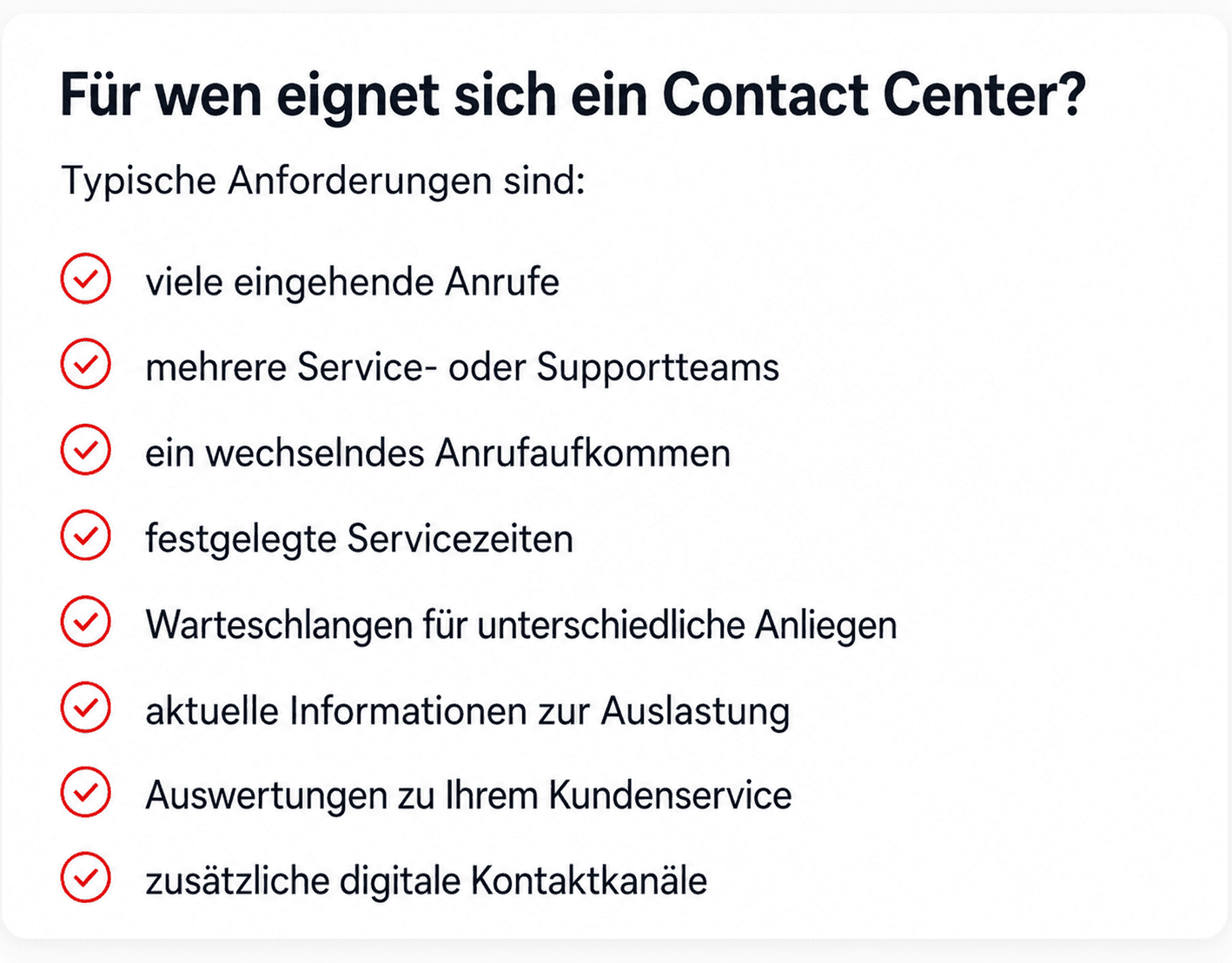 Eine Infobox mit Checkpunkten wann eine Contact Center eingesetzt werden kann