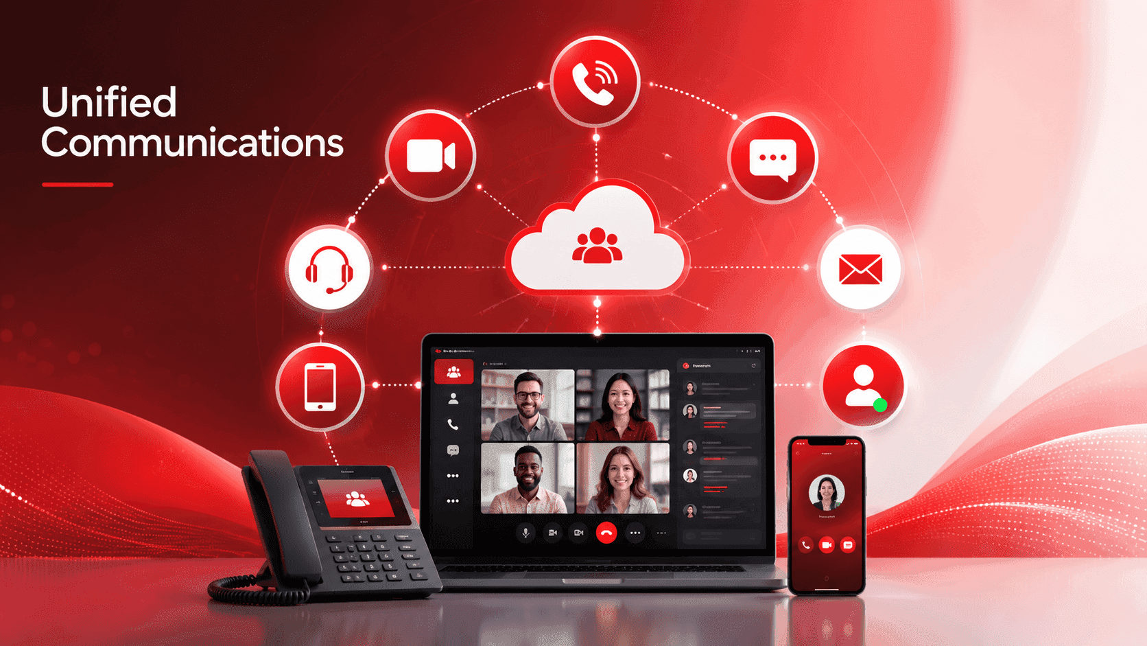 Ein in rot gehaltenes Bild mit Symbolen der UC Lösung, Telefon, Laptop, Handy