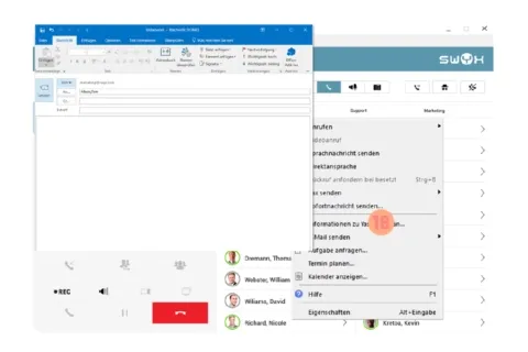 Ansicht der Swyx Oberfläche für Outlook Integration