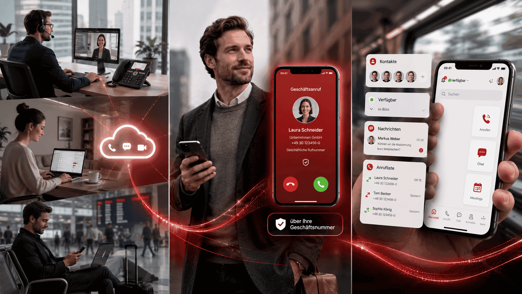 Drei verschiedene Situationen, ein Mann mit Handy, Mitarbeiter im Büro, Mann unterwegs im Auto alle verbunden mit der UC Lösung Swyx
