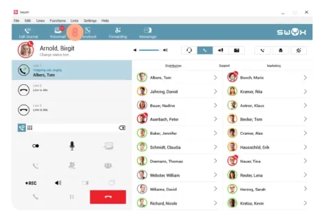 Ansicht der Swyx Oberfläche für Voicemail