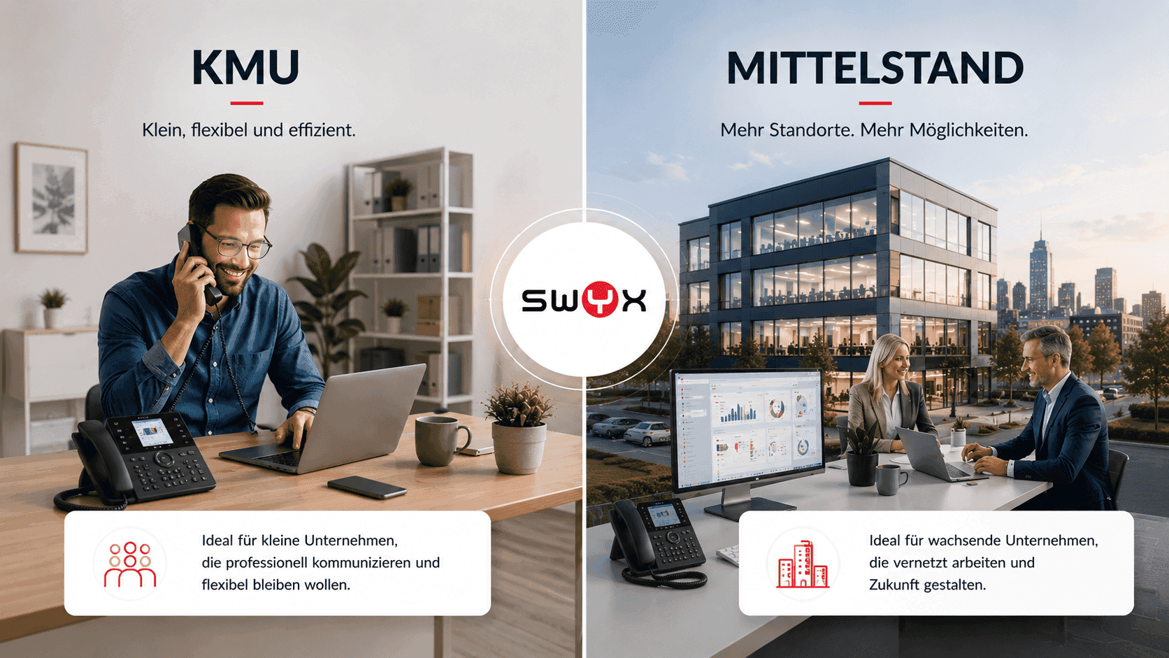 Im Vergleich SWYX Komplettpaket Einzelunternehmer am Schreibtisch mit KMU Gebäude daneben