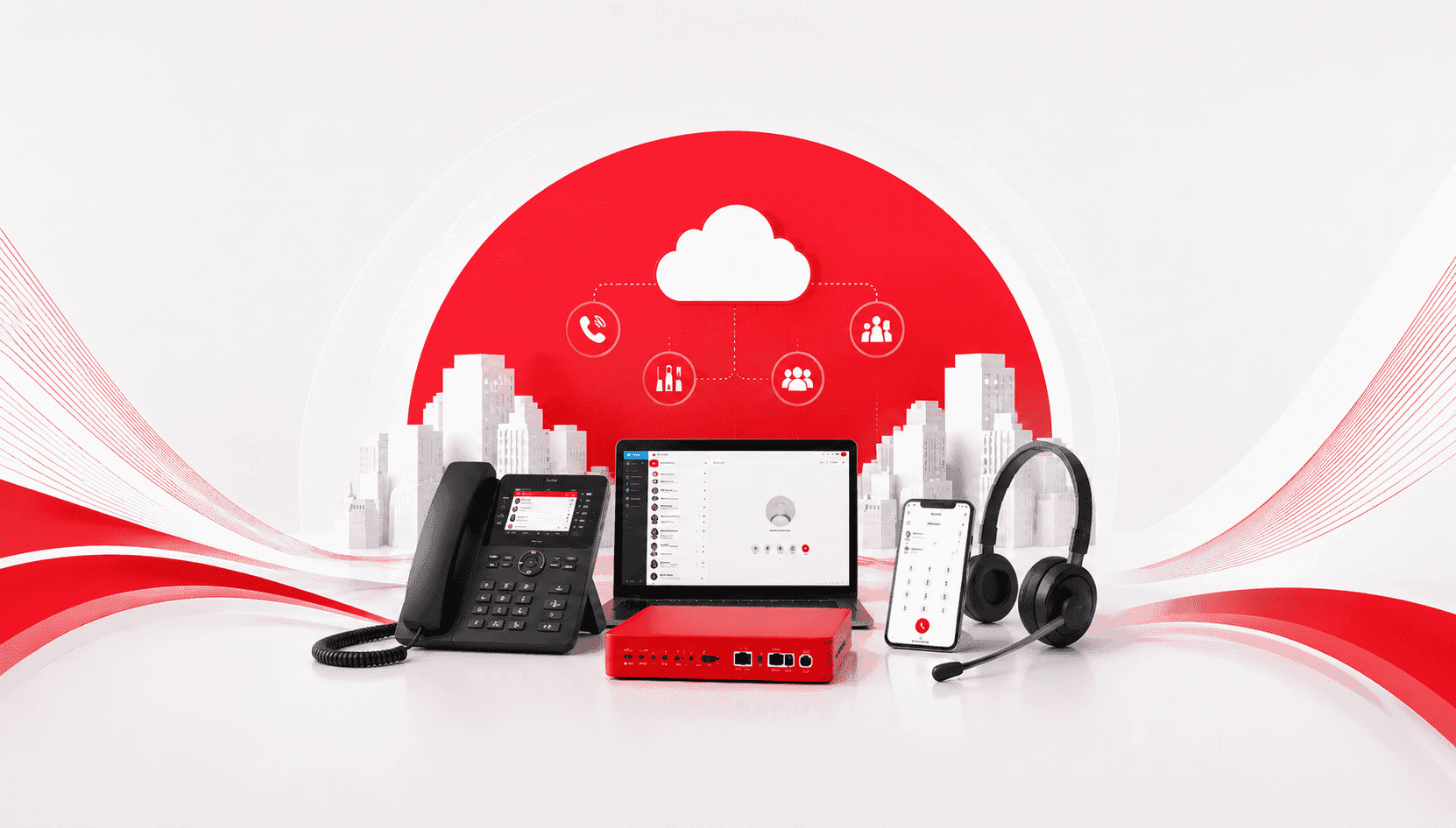 Ein generiertes Bild des Swyx Komplettpakets Telefonanlage, Router und Laptop sind abgebildet