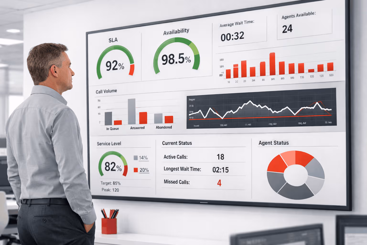 Ein Mitarbeiter steht vor einem Wallboard und sieht sich eine Auswertung an